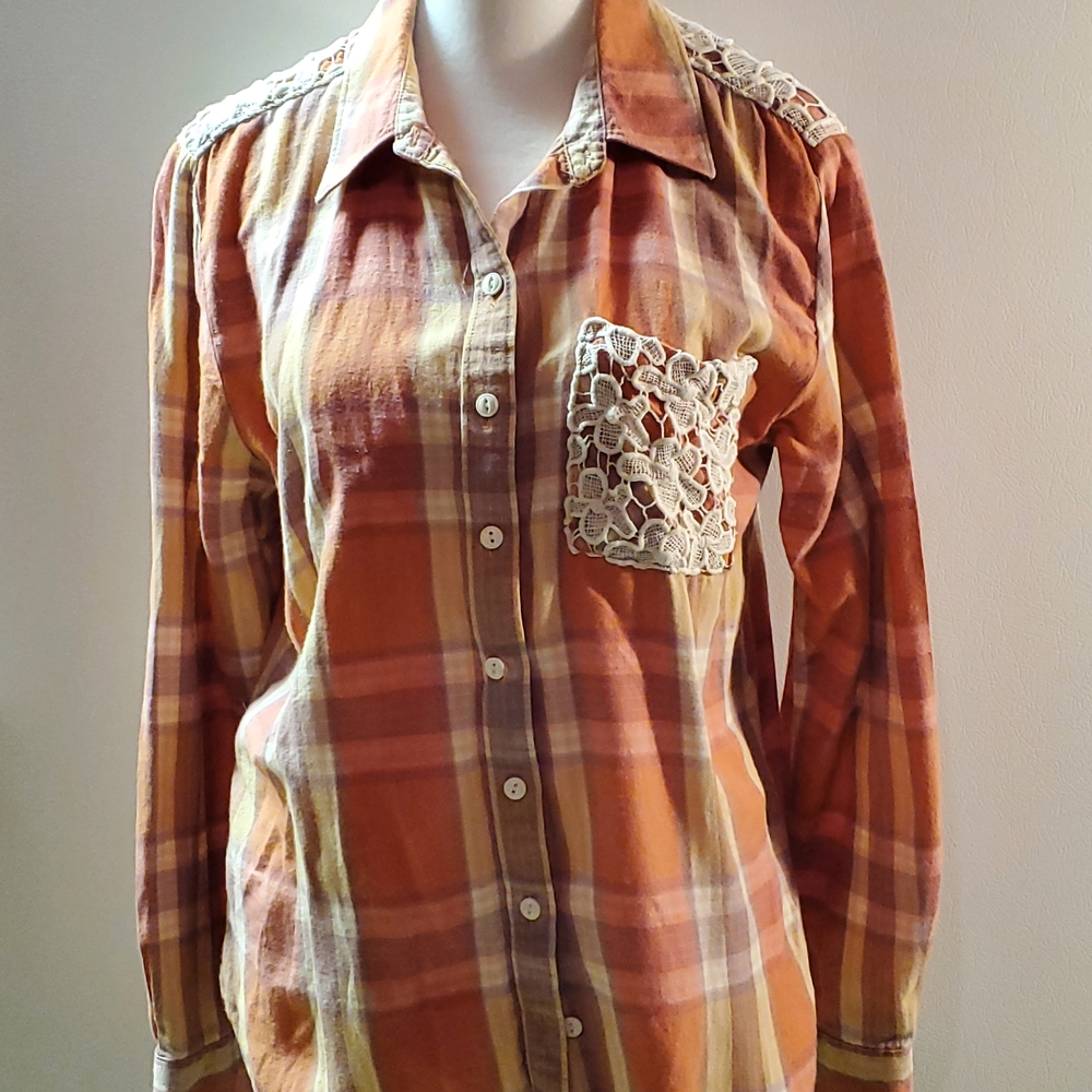 Hippie Laundry Multicolor Plaid Lace Button Down Shirt